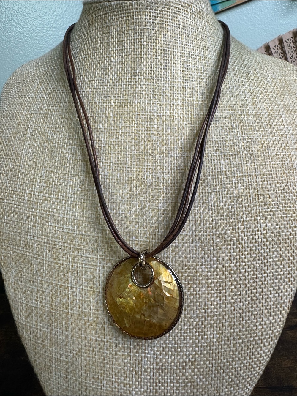 Monet Brown Multi-Strand Cord Necklace with Golden Amber Disc Pendant